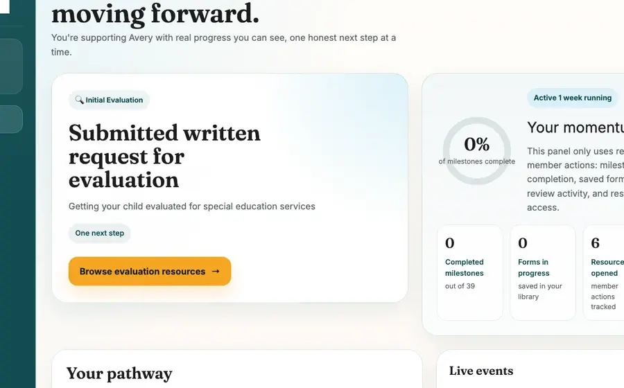 IEP Momentum progress tracker showing a child's IEP milestones.